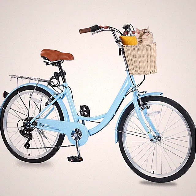 24" Women's Beach Cruiser 7-Speed, Stylish Light Blue, Rattan Basket Included