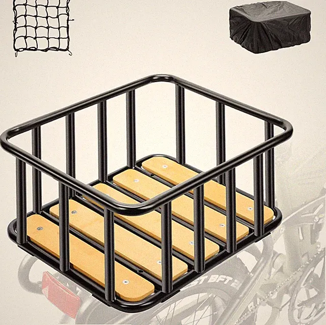Bike Rear Basket with Wooden Base, Waterproof Cover & Cargo Net – Heavy Duty 13.