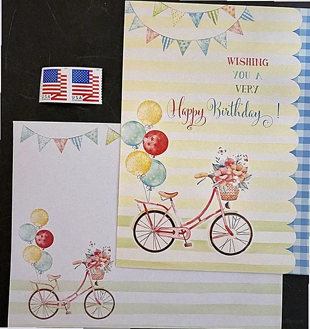 Birthday Card with Bicycle Basket Of Flowers Balloons Decorated Env w/Stamps BN