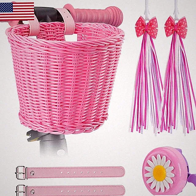 Inborntrait Kids Bike Basket Set Girl Bike Basket Pink Handwoven Bike Baskets