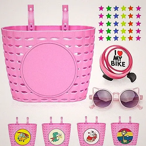 Kids Bike Basket,Bicycle Basket with Bell,Wheel Spokes, Glasses,Bike Pink