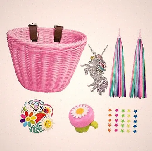 Kids Bike Basket, Wicker Basket, Handlebar Bicycle Basket for Girls Pink Set