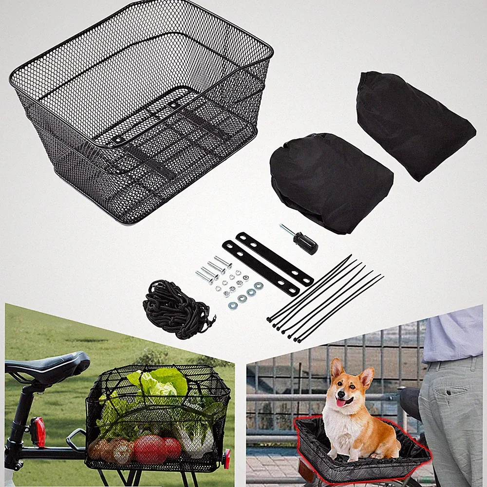 Rear Bike Bicycle Basket w/ Rainproof Covers, Cargo Net, Basket Lining & Rack